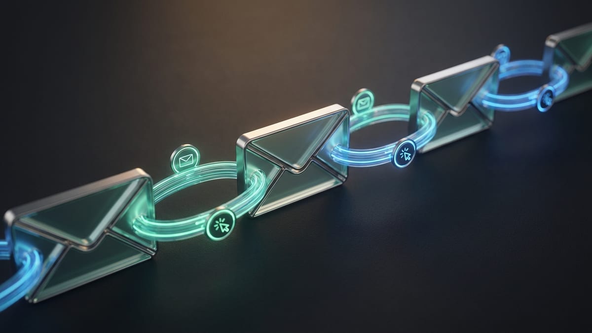 Tela mostrando sequência de e-mails de follow-up automatizada com dados de abertura e clique