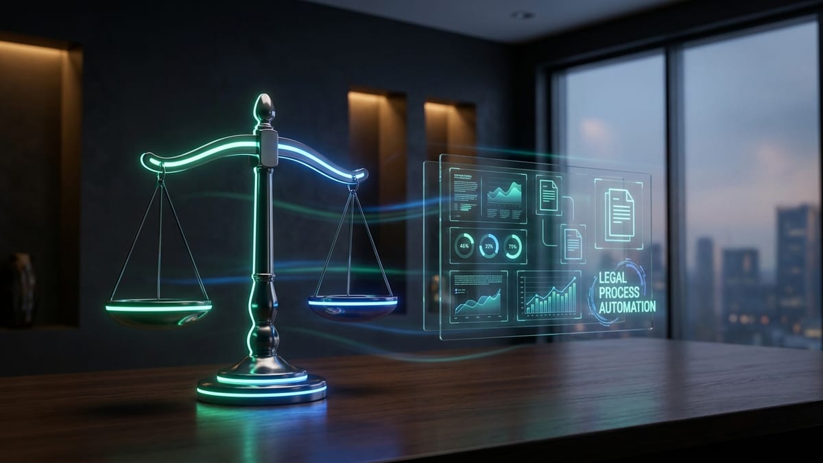 Advogado em escritório moderno com telas mostrando dashboard jurídico e automação de processos