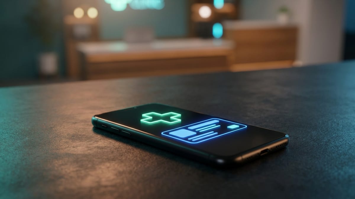Recepção de clínica com celular exibindo confirmação automática de consulta no WhatsApp