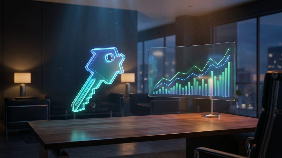 Corretor de imóveis em escritório moderno com dashboard de leads no monitor