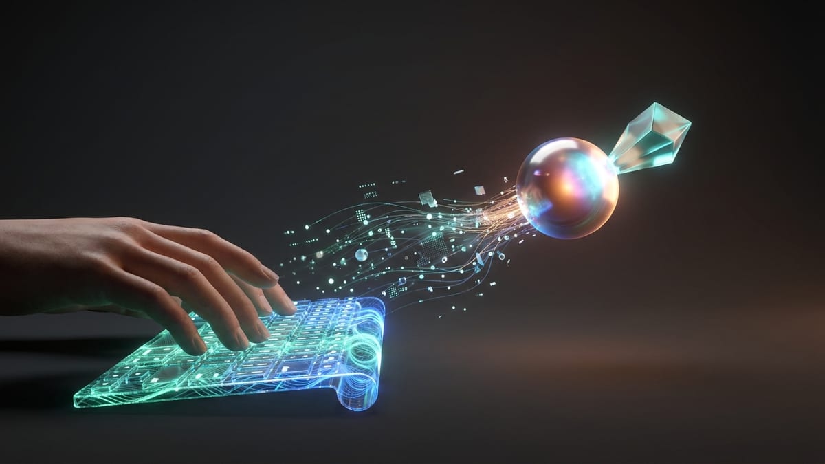 Pessoa digitando instrução detalhada em interface de assistente de IA com resultado aparecendo na tela