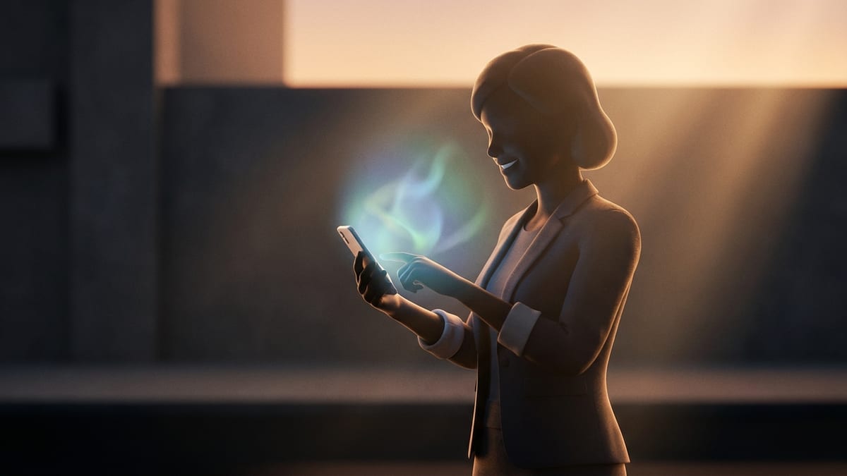 Dono de pequena empresa sorrindo ao celular com interface de IA ao fundo