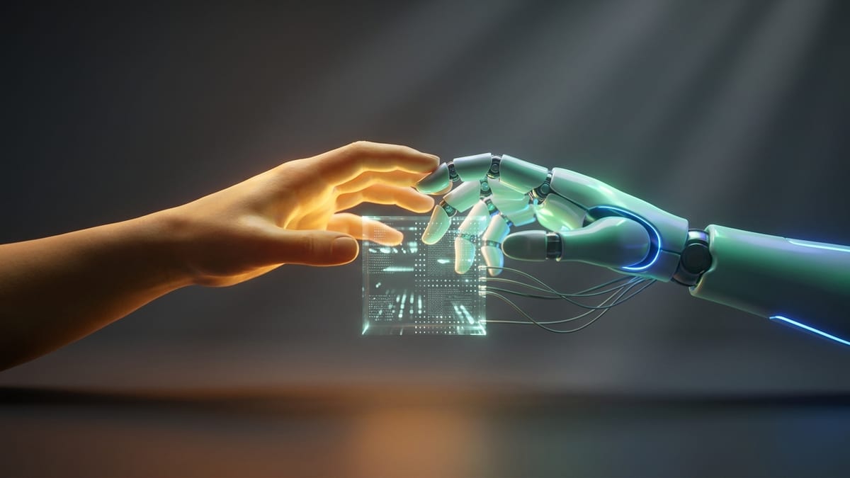 Pessoa trabalhando ao lado de um computador com interface de IA, simbolizando colaboração entre humano e tecnologia