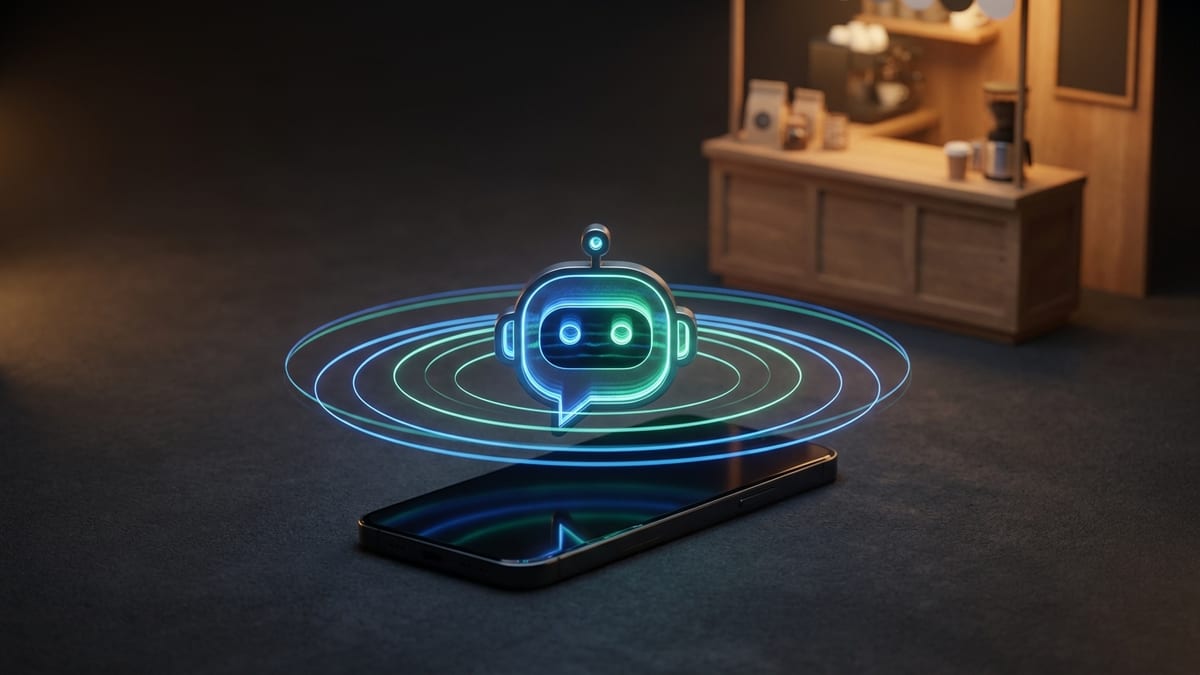 Atendente de uma pequena empresa observando o celular enquanto um chatbot responde clientes no WhatsApp, com o balcão da loja ao fundo