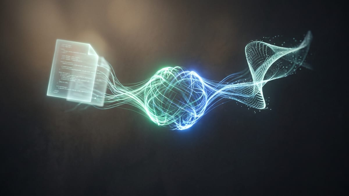 Representação visual de IA gerando texto, imagens e código a partir de prompts simples