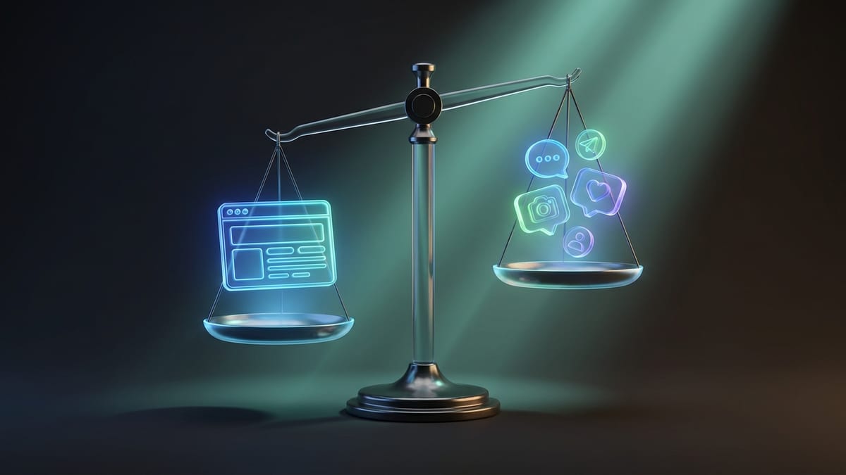 Balança com ícone de site de um lado e ícones de redes sociais do outro
