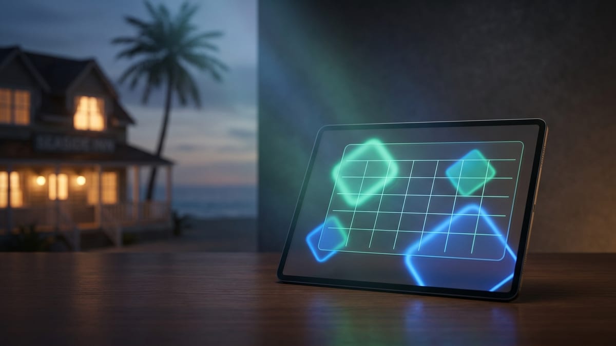 Proprietária de pousada usando tablet para gerenciar reservas com vista para a hospedagem ao fundo